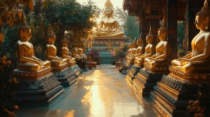 Fototapeta premium A majestic Thai temple surrounded by numerous Buddha statues, symbolizing peace, faith, and devotion, perfect for spiritual and cultural photography