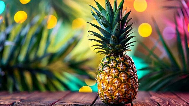 A ripe pineapple sits on a wooden table, surrounded by blurry palm leaves and colorful lights