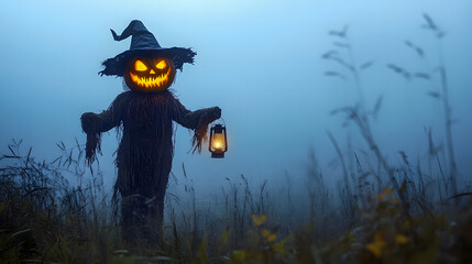 Fototapeta premium Creepy Scarecrow in Fog with Lantern
