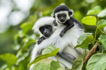 Fototapeta premium A mother monkey holds her baby, showcasing their bond in a lush green environment.