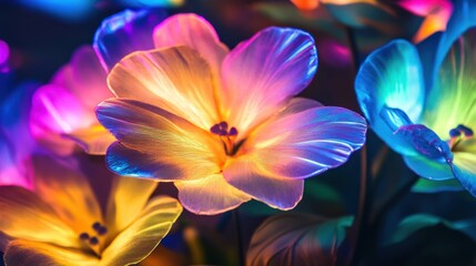 Neon flower petals glowing in various shades, adding a vibrant and energetic touch to the scene.