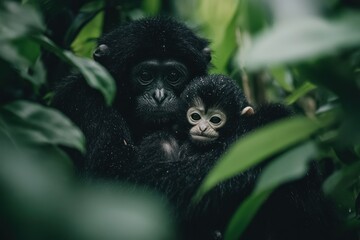 Obraz premium A close-up of a mother and baby monkey nestled among lush green foliage.