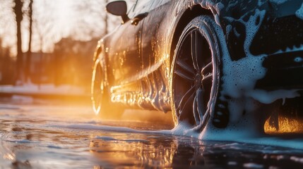 Car being washed with foam soap close-up, highlighting luxury vehicle cleanliness and thoroughness