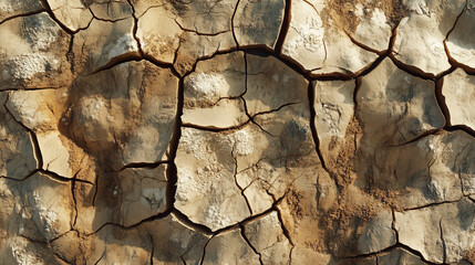 Cracked mud the texture of sun-baked mud, with a network of deep cracks running through the dry surface.