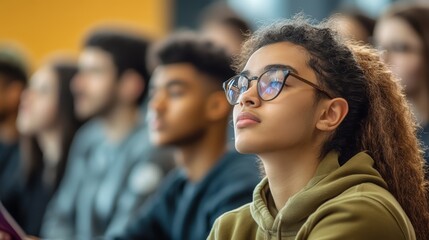 Obraz premium Thoughtful young Latina woman listening attentively in a classroom setting.