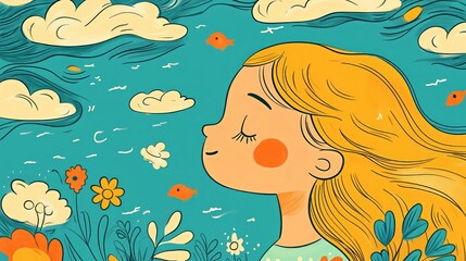 A whimsical illustration of a child with closed eyes, surrounded by flowers, clouds, and fish, evoking a sense of peace and imagination.