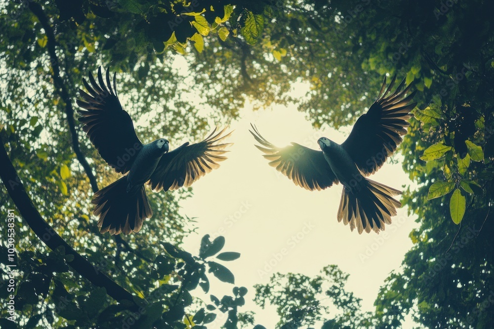 Wall mural Two birds in flight amidst a lush green canopy, illuminated by soft sunlight.