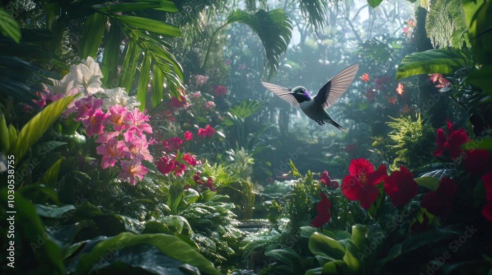 Poster A vibrant jungle scene with a hummingbird amidst colorful flowers and lush greenery.