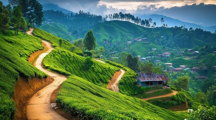 Lush green tea plantations with winding paths and distant hills under a cloudy sky.