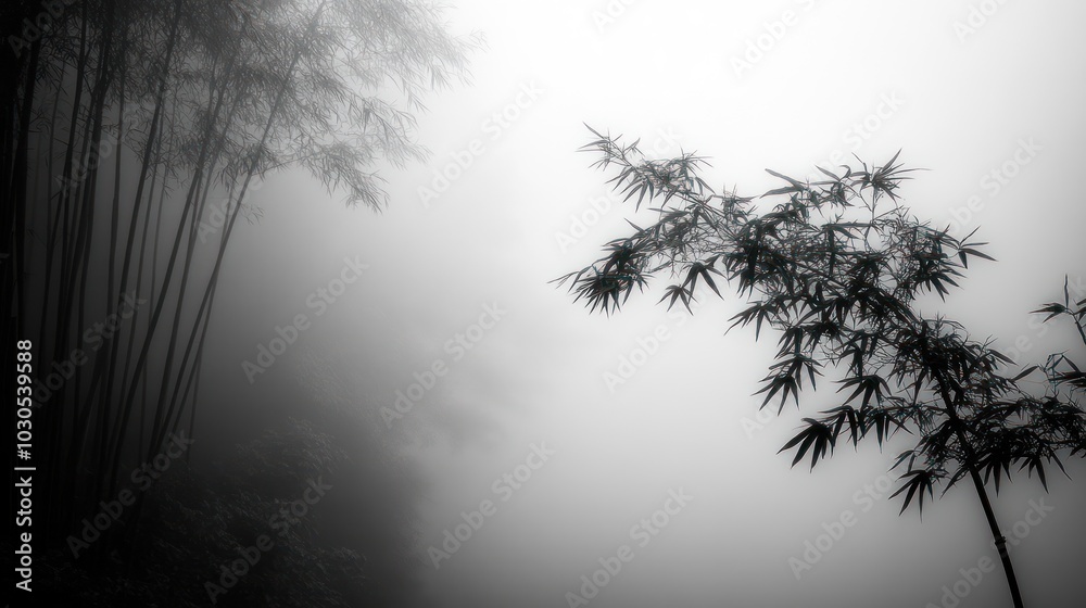 Poster A serene, misty landscape featuring bamboo silhouettes against a foggy backdrop.