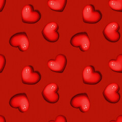 Red hearts on red background. Seamless pattern. Digital painting illustration with texture and noise