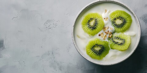 A refreshing bowl of yogurt topped with vibrant kiwi slices and oats, perfect for a healthy breakfast or snack. - Powered by Adobe