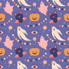 Halloween seamless pattern with cute black cats, pumpkins ghosts and bats. Flat style illustration, background for packaging