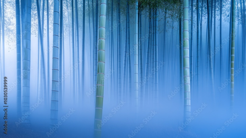 Sticker A serene bamboo forest shrouded in mist, evoking tranquility and natural beauty.