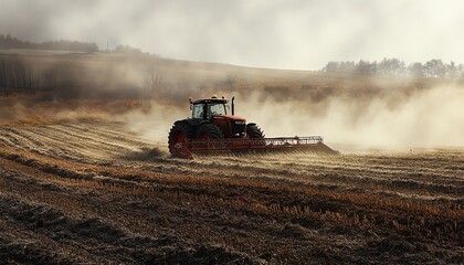 Early morning scene of a red tractor plowing a field, highlighting the advancements in agricultural machinery and sustainable farming practices