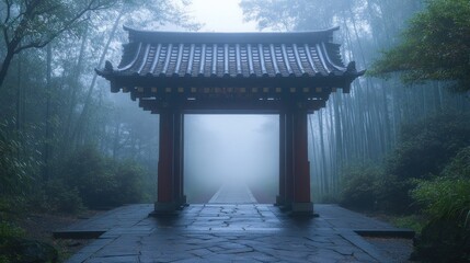 Obraz premium A serene misty scene featuring a traditional archway surrounded by bamboo and fog.