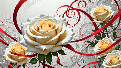 Fototapeta premium Abstraktion Weiße Rosen, rote Bänder 16х9. Hintergrund für das Design 5.