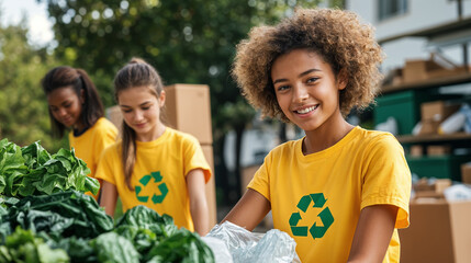 children sorting recyclables while volunteering in recycling center, generative ai