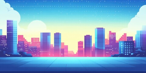 Naklejka premium A vibrant city skyline with colorful buildings against a sunset, evoking a futuristic atmosphere and urban tranquility.