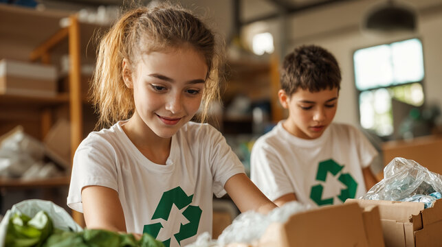 children sorting recyclables while volunteering in recycling center, generative ai - Powered by Adobe