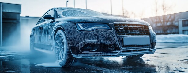 Car being washed with foam soap close-up, highlighting luxury vehicle cleanliness and thoroughness