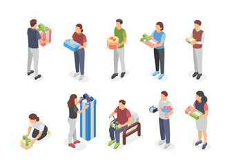 Isometric people with gift boxes. Men woman holding opens packing vibrant present box. Gifting time, birthday party christmas holidays, flawless vector set