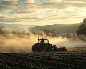 Obraz premium Red tractor at work in a field during the early morning, demonstrating the effectiveness of modern agricultural practices and machinery