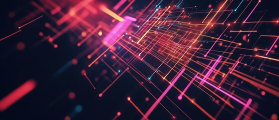 Obraz premium Technology-Inspired Design with Glowing Grid Lines Against Black Background, Emphasizing Depth and Futuristic Aesthetic with Vibrant Colors