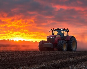 Fototapeta premium Red tractor at work in a field during the early morning, demonstrating the effectiveness of modern agricultural practices and machinery