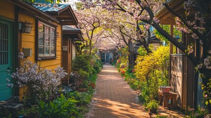 Obraz premium A serene walkway lined with blooming cherry trees and colorful flowers in a quaint neighborhood.