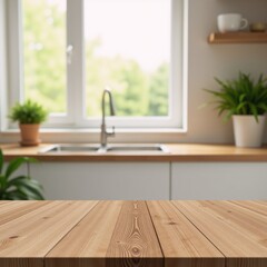 Wooden tabletop with blurred kitchen backdrop studio shot for itemfood showcase mock-up use