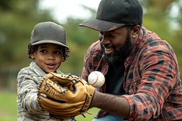 A father teaches his young son how to catch a baseball in a park during a sunny afternoon. Generative AI