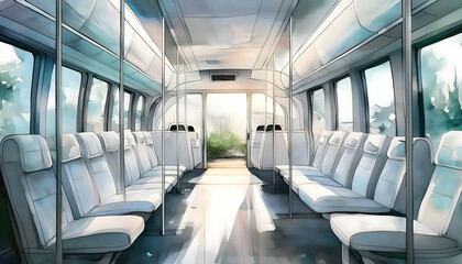 Obraz premium Interior of train with passengers on seats, reflect the diversity and complexity on digital art concept, Generative AI.