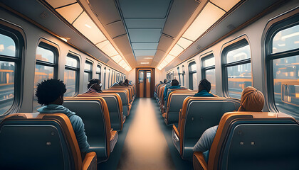 Obraz premium Interior of train with passengers on seats, reflect the diversity and complexity on digital art concept, Generative AI.