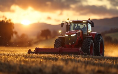 Obraz premium Vibrant scene of a red tractor in action, demonstrating modern agricultural techniques as it plows a field under the warm light of dawn
