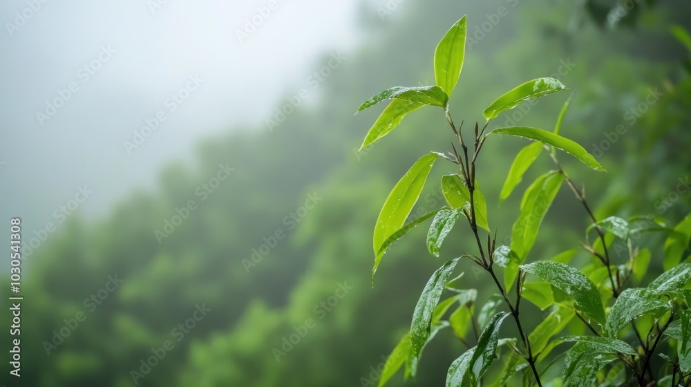 Poster A close-up of green leaves glistening with raindrops in a misty forest setting.