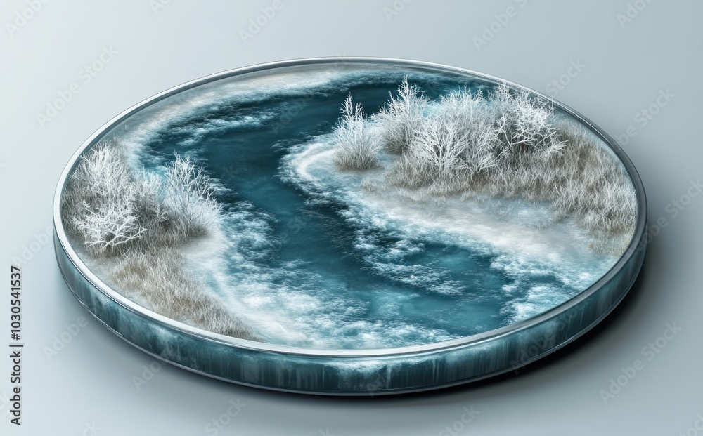 Canvas Prints A serene, circular landscape depicting a winding river surrounded by frosty vegetation.