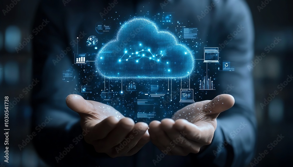Aufkleber A professional businessman showcasing cloud computing infographics and technology icons in a stockgenerated concept of tech innovation
