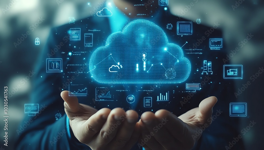 Aufkleber a professional businessman showcasing cloud computing infographics and technology icons in a stockge