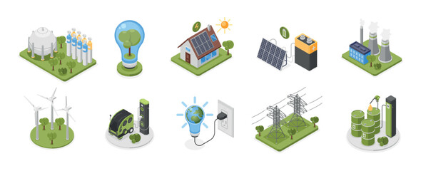 Isometric ecosystem. Electro and clean gas station, solar panels for smart energy house. Eco lifestyle, saving environment and nature, flawless vector icons
