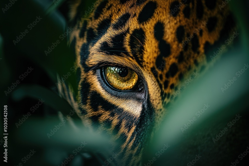 Poster Close-up of a jaguar's eye peering through foliage, highlighting its striking features.