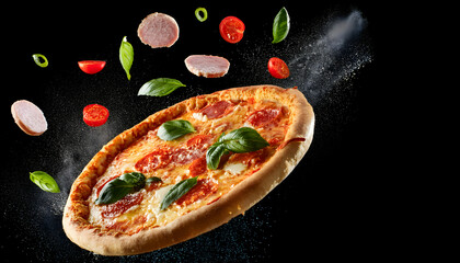 Pizza that fresh and delicious falling in the air isolated on black background on digital art concept, Generative AI.