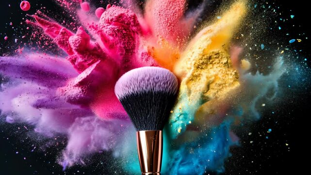 A makeup brush stands in the middle of a colorful powder explosion
