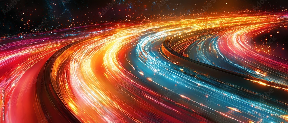 Fototapete Abstract depiction of an information highway featuring vibrant streams of light flowing in multiple directions, illustrating rapid communication