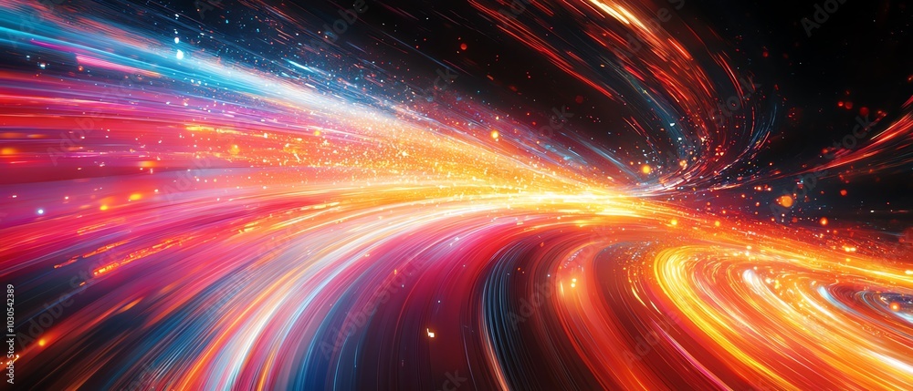 Poster Abstract depiction of an information highway featuring vibrant streams of light flowing in multiple directions, illustrating rapid communication