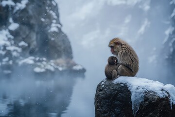 Obraz premium A serene moment of a monkey and its baby sitting on a rock in a snowy landscape.