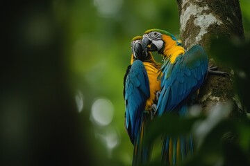 Obraz premium Two vibrant macaws perched closely on a tree, showcasing their colorful feathers.