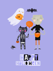Epic Halloween Card. Funny Zombie, Flying Bat, Little White Ghost, Black Spider and Cat in Skeleton Costume on a Violet Background. Trick or Treat. Kids and Animals in Halloween Costumes.