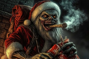 Obraz premium Santa Claus evil monster smoking a cigar. Illustrated poster design. Ai Generative