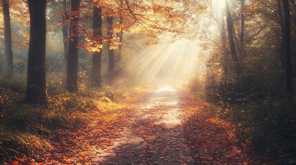 Fototapeta premium Serene Pathway in a Sunlit Autumn Forest